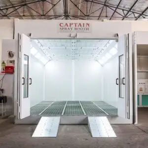 Car spray booth with doors open and grated downdraft floor