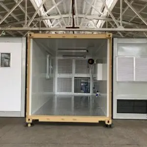 Container paint booth front view with doors open