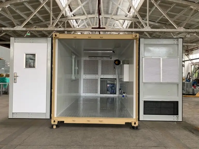 Container paint booth front view with doors open