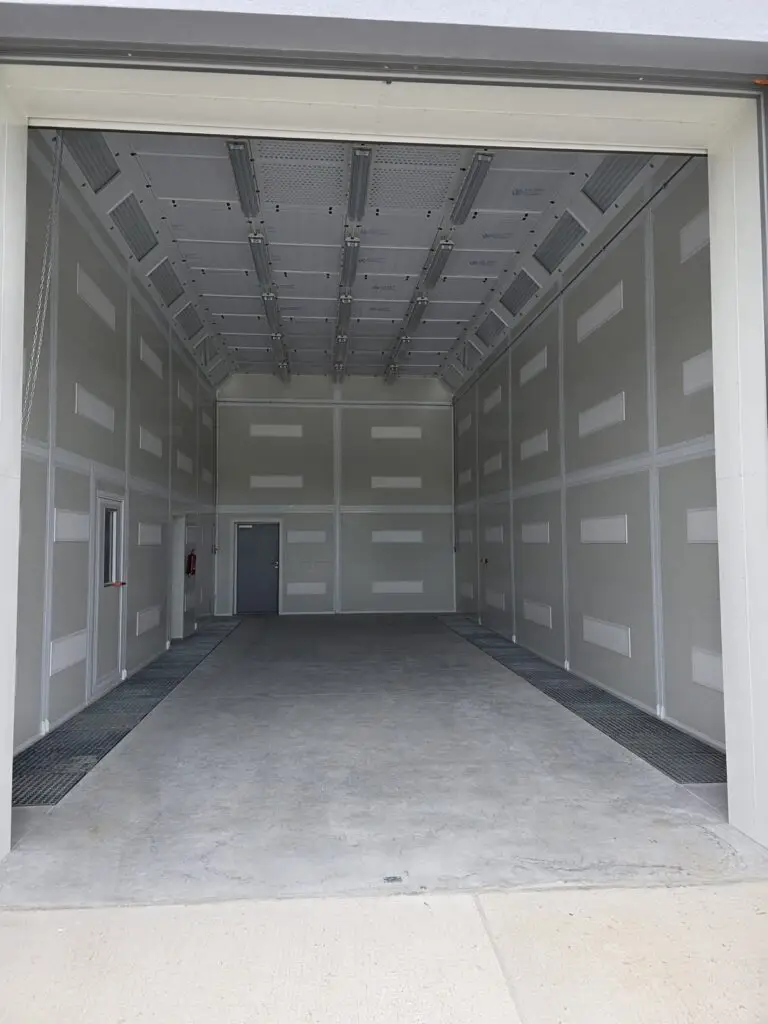Interior of a long spray booth