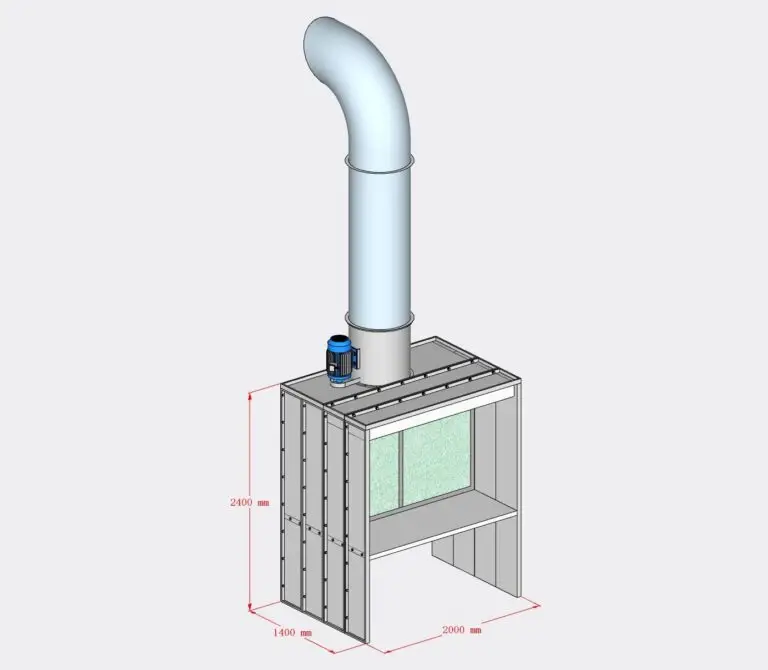 Open front paint booth drawing with dimensions