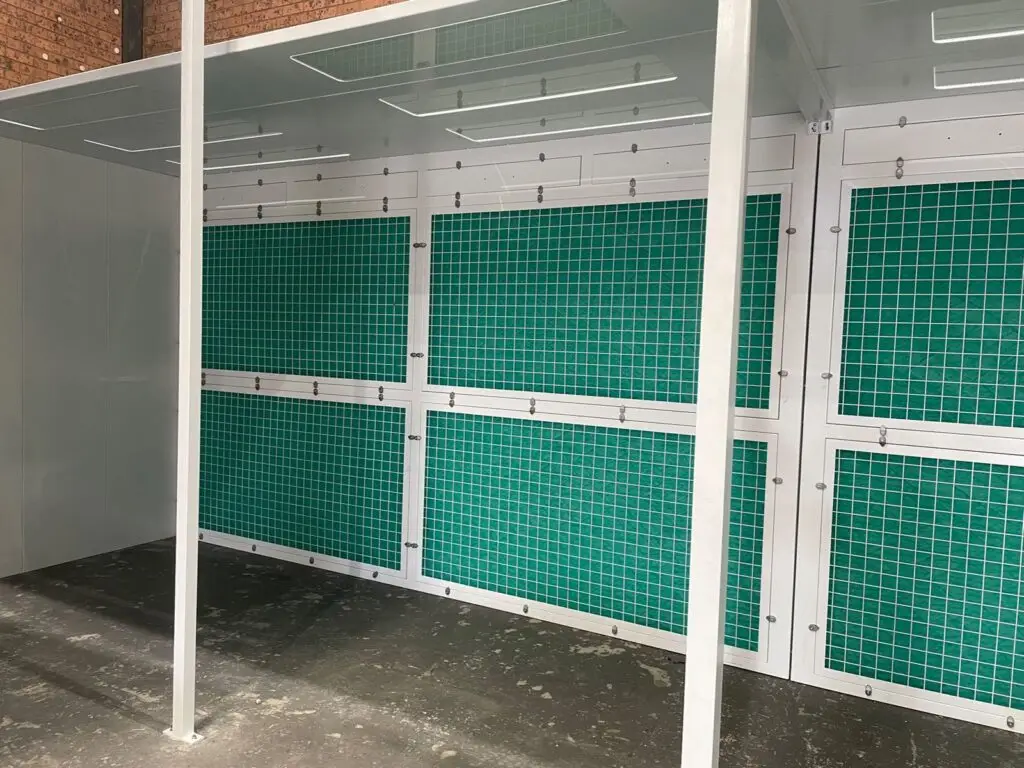 Open front paint booth filter wall