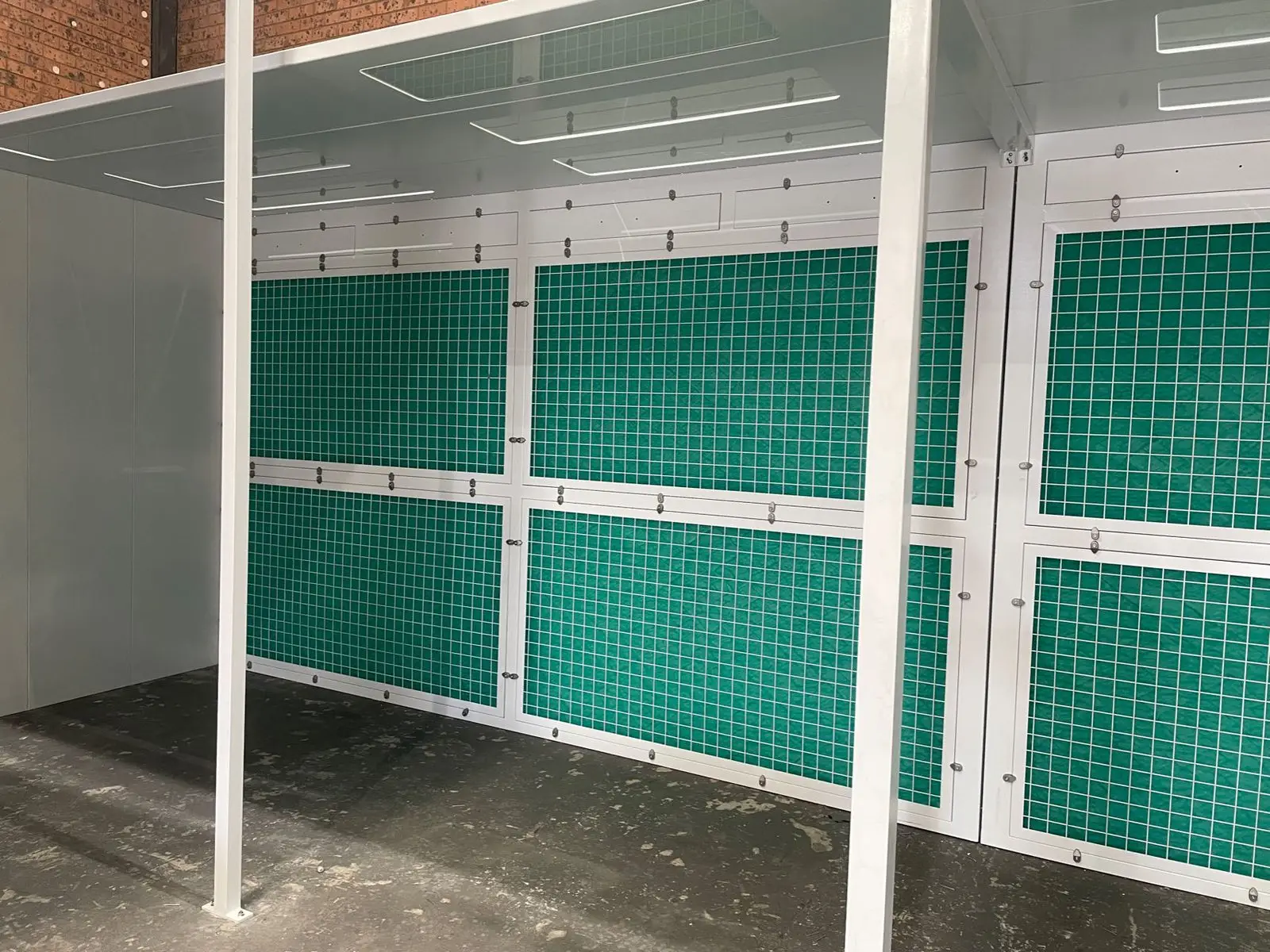Open front paint booth filter wall