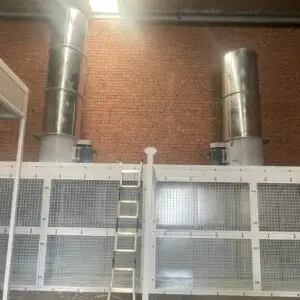Open front paint booth with twin exhaust stacks
